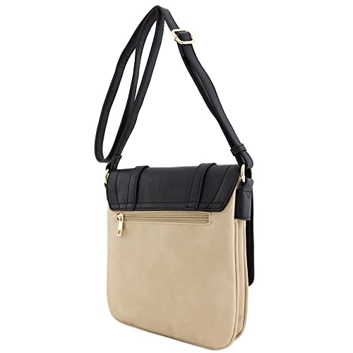 ALYSSA Double Compartment Large Two-Tone Colorblock Flapover Crossbody Bag (Black/Dusty Beige)