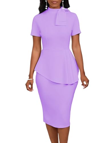 Image of WanMem Women Formal Bodycon Peplum Cocktail Dress Short Sleeve Bow Ruffle Pencil Party Midi Dresses