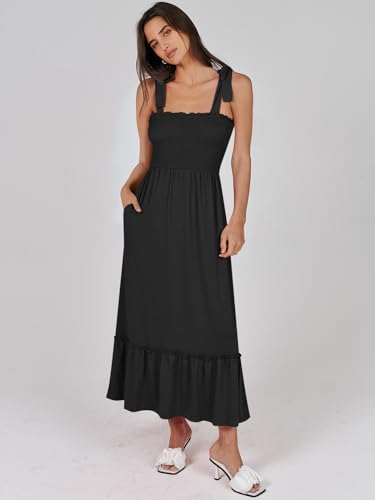 Image of ANRABESS Women Summer Casual Strap Smocked Maxi Flowy Tiered A Line Beach Travel Sundress Wedding Guest Outfits