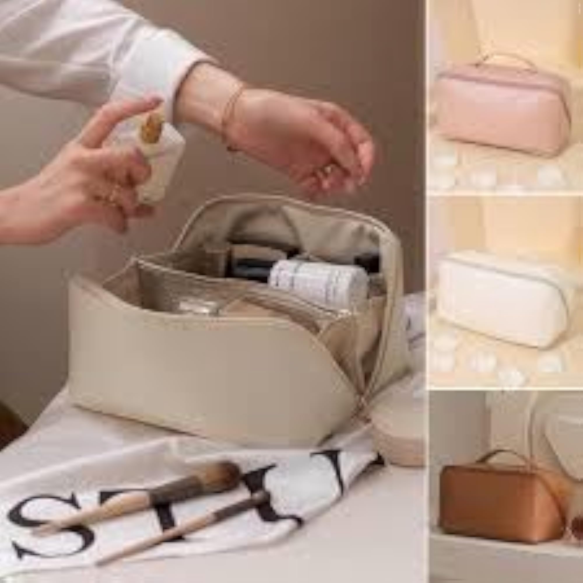 Litchi PU Leather Makeup Pouch, Large Capacity