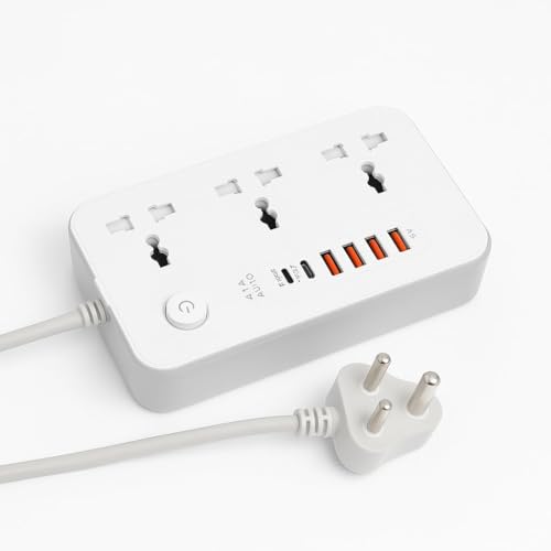 Image of Extension Board, Power Strip with 6 USB Ports and 3 Universal Socket, 2500W 10A Extension Cord, 3-Pin Surge Protector Power Strip for Home, Office, Computer, Mobile Charging (White-Z65)