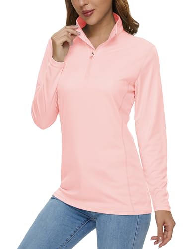 MAGCOMSEN Womens Golf Shirt Sun UPF 50 Pink Long Sleeve Shirts Moisture Wicking 1/4 Zip Pullover Women Sport Hiking Exercise M