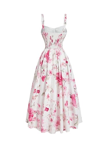 MOD Floral Print Pink Dress with Pleats at Bust, Adjustable Shoulder Straps, Cinched Waist and Flowy2