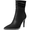 Eldof Women Slouchy Ankle Boots Closed Pointed Toe Stiletto Heel Beaded Booties Side Zipper 3.5 Inches