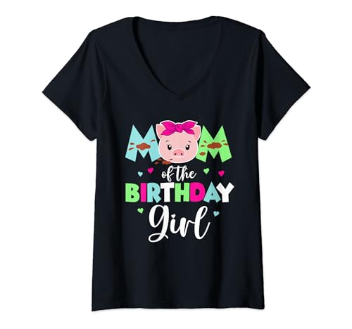 Mujer Camisa Mom of the Birthday Girl Farm Pig Mommy Mama 1st Camiseta Cuello V
