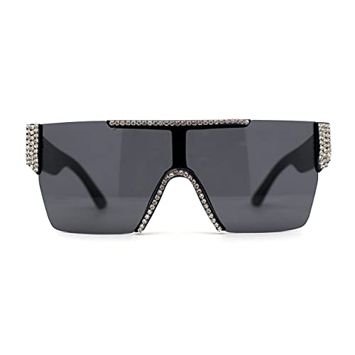 Womens Rhinestone Flat Top Rimless Shield Mafia Sunglasses2