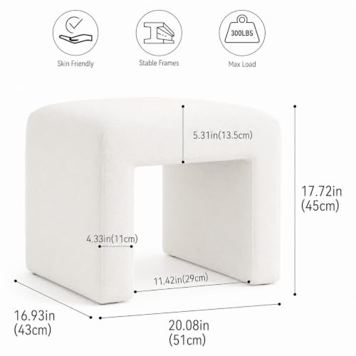 Image of Kundi Modern Boucle Vanity Stool Chair with Wooden Legs - Soft Ottoman Footstool for Makeup Room, Living Room, Entryway & Office (White) (White)