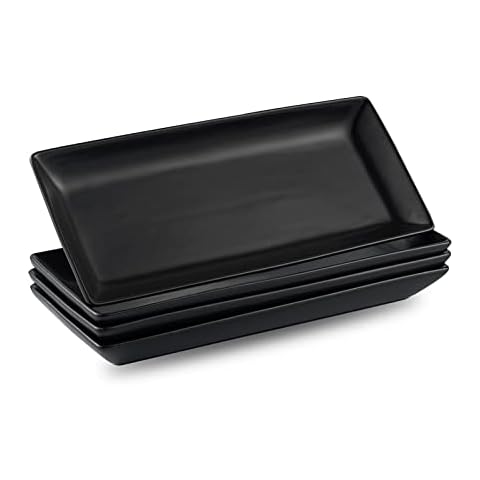 Gomakren Black Serving Platter Set of 4 Porcelain Serving Plates Rectangular Serving Dishes and Platters Serving Trays for Party Food Appetizer Salads Sushi, 10 Inches Black Serveware Gifts Cover