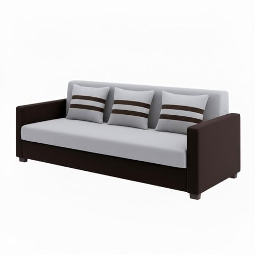 Image of FURNY Lifestylio 3 Seater Fabric Sofa Set (Light Grey-Dark Brown) Premium Velvet Finish | Ideal for Living Rooms, Offices