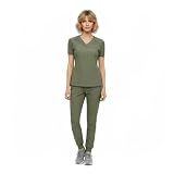 M&M SCRUBS Women’s Jogger Scrub Set – Stretch Medical Scrubs Uniform, V-Neck Scrub Top & Jogger Pants, 10 Pockets (Olive, Medium)