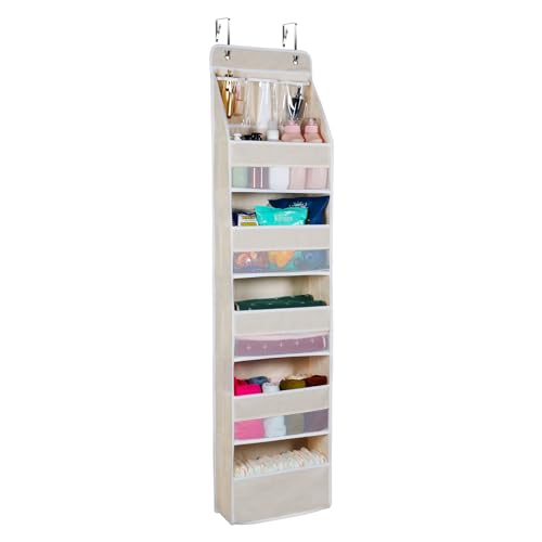 Univivi 6-Shelf Over Door Hanging Organizer Fabric Baby Door Storage with 5 Large Pockets and 3 Small PVC Pockets Wall Mount Hanging Storage Organizers for Baby Essential (Beige)