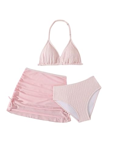 Girl's Padded Halter Bathing Suit Wireless Swimsuit with Cover Up Skirt 3 Piece Swimwear Set