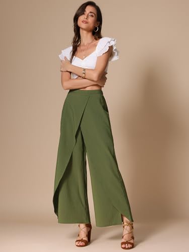 Allegra K Casual Wide Legs Pants for Women's Elastic High Waist Split Side Loose Trousers4