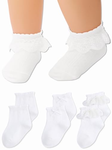 Urieo Baby Girls Socks White Ruffle Socks for Toddler Dress Crew Socks for 1-3T