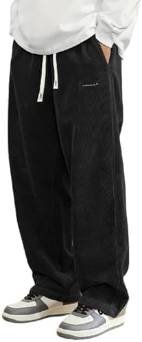 Corduroy Pants Men Casual Baggy Wide Leg Drawstring Relaxed Fit Breathable Streetwear Walking Lounge Sweatpant Travel