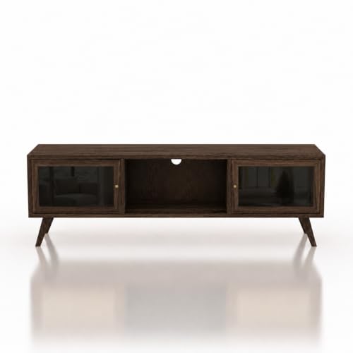 Image of The Attic Janah TV Cabinet, Solid Wood Sideboard TV Cabinet for Living Room, Wooden Free Standing TV Unit Side Board Table with Storage, Walnut Finish Glass