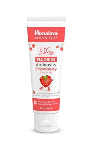 Image of Himalaya Botanique Kids Fluoride Anticavity Toothpaste, Strawberry, 4 oz | Kids Toothpaste with Fluoride To Help Fight Cavities - Vegan, SLS Free, No Artificial Colors or Flavors, No Titanium Dioxide