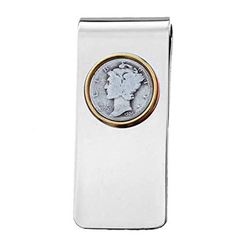 US 1926 Mercury Dime 90% Silver Coin Solid Brass Gold Silver Two Tone Money Clip New - High Quality