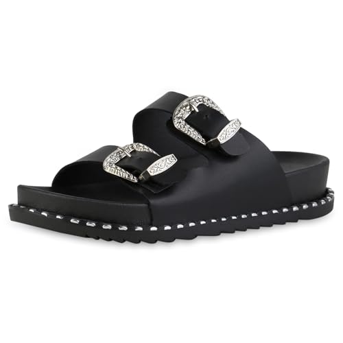 VAN HILL Damen Pantoletten Flach Nieten Bequem Schuhe 216844...