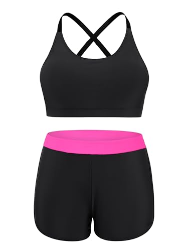 NIeyook Womens Swimsuit Plus Size Tankini with Boyshorts Tummy Control 3 Piece Swimwear Athletic U Neck Modest Bathing Suits Hot Pink 24 Plus/6XL4