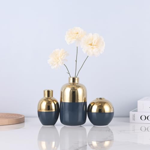 Blue & Gold Ceramic Vase Set of 3, Modern Round Circle Electroplated Two-Tone Decorative Vases for Pampas Grass, Dining Table Wedding Centerpiece, Living Room Bedroom Office Bookshelf Blue & Gold Ceramic Vase Set of 3, Modern Round Circle Electroplated Two-Tone Decorative Vases for Pampas Grass, Dining Table Wedding Centerpiece, Living Room Bedroom Office Bookshelf