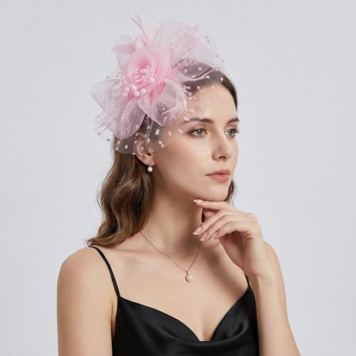 Image of DRESHOW Fascinators Hat Flower Mesh Ribbons Feathers on a Headband and a Clip Tea Party Headwear for Girls and Women