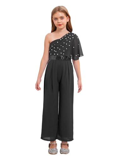 YEAHDOR Enfant Fille Barboteuse à Paillettes Manches Courtes Combinaison Jumpsuit Élégante Pantalon Loose Casual Costume Mariage Soirée Cérémonie Playsuit 5-16 ans Noir 11-12 ans