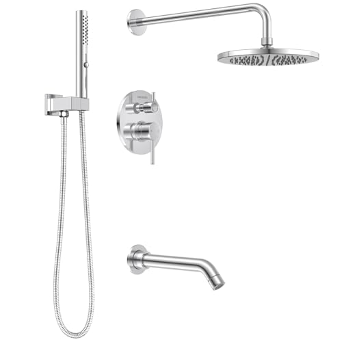 Image of Lava Odoro Modern 3-Setting Round Rain Bathtub and Shower Faucet Set, Chrome Rainfall Shower Head and Handle Set, Rain Shower System with Tub Spout, Shower Valve Trim Kit, Chrome, SF104-C-T