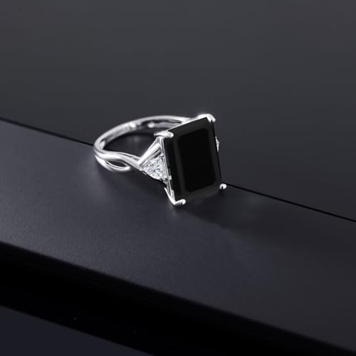 Gem Stone King 10K White Gold Black Onyx and Lab Grown Diamond Engagement Ring For Women | 7.04 Cttw | Emerald Cut 14X10MM and Trillion 4MM | Gemstone Birthstone | Available in Size 5,6,7,8,94