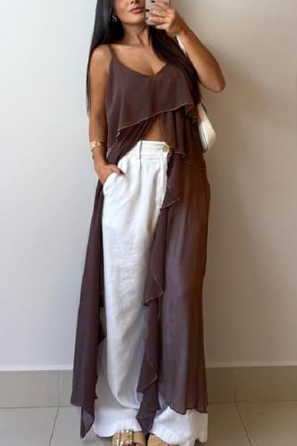 Women Split Front Ruffle Flowy Long Cami Shirt Sleeveless Backless Spaghetti Strap Layer Chiffon Maxi Tank Top3