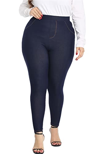 Plus Size Jeggings For Women High Waist Stretch Denim Jean Look Leggings With Pockets Pull On Blue 3X #TOP1