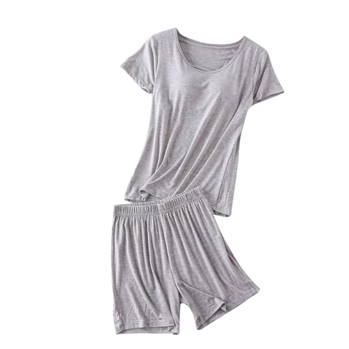 Women's Sleepwear Set with Built in Bras Soft Homewear and Short Pants Pajamas Sets Fashion Casual Loose 2 Piece Pjs（Gray，Large）