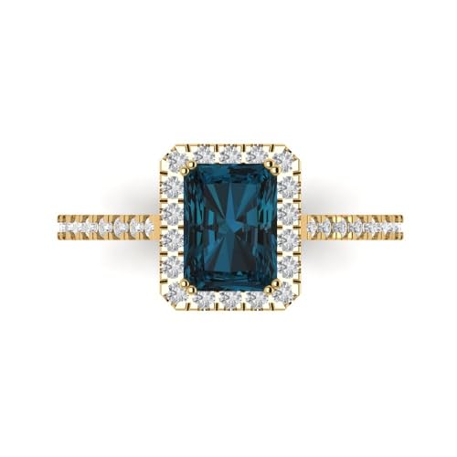 Clara Pucci 2.08 Emerald Cut Solitaire W/Accent Halo Natural London Blue Topaz Bridal Wedding Statement Ring Solid 18K Yellow Gold