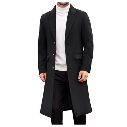 COOFANDY Men Winter Trench Coat Black Single Breasted Pea Coat Casual Long Notched Collar Overcoat Winh Pockets, X-Large