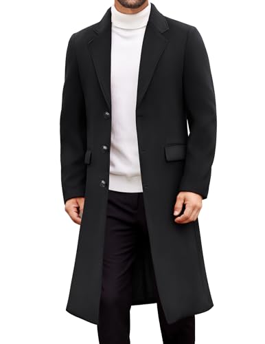 COOFANDY Trench Coat Men Single Breasted Winter Long Overcoat Notched Collar Wool Blend Coat With Pocket, Black, Large
