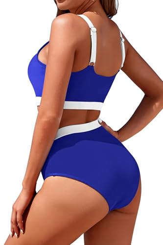 Image of Womens High Waisted Bikini Sets Sporty Crop Top Color Block Swimwear Bandeau Scoop Neck Vintage Two Piece Bathing Suits