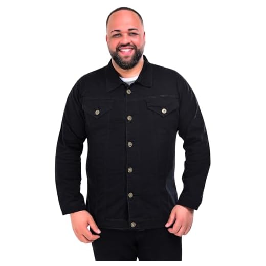 Jaqueta Jeans Plus Size Masculina, 3 Cores Disponíveis Preto, Azul e Caramelo (BR, Numérico, 52, Plus Size, Regular, Preto)