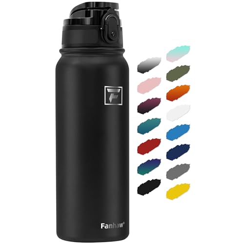Fanhaw 20 Oz Insulated Stainless Steel Vacuum Water Bottle with Anti-Dust Pop-Open Lid - For Kids, Women, Men | Leak & Sweat Proof (Black)