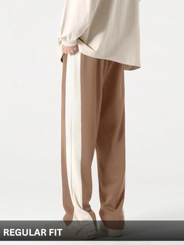 Image of GRECIILOOKS Trouser for Men | Man Relaxed Fit Trousers Twill Track Style | Straight Fit Wide Leg Trousers for Mens with Drawstring Waist | Korean Casual Travel Streetwear Pants