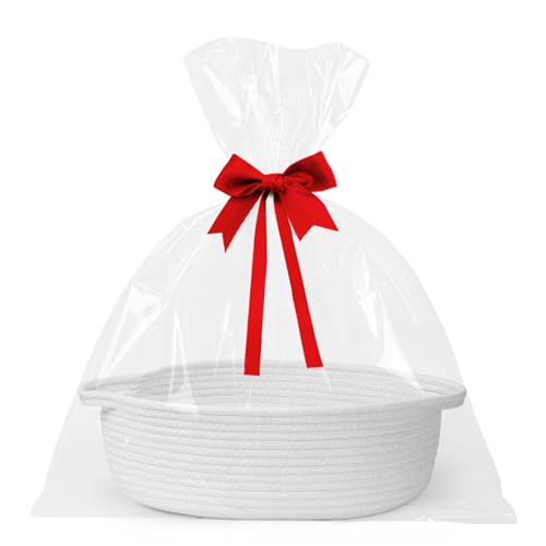 Image of Small Baskets for Gifts Empty, 13 inchx 9 inchx 5 inch Woven Gift Basket with Bag and Ribbon, Cotton Rope Kids Dog Cat Toy Bin Box, Cute Baby Nursery Organizer, Decorative Storage with Handles (White)