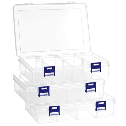QWORK® 3 Piezas Cajas de Almacenaje de Plástico, 20 x 13,3 x 4,6 cm, 8 Compartimentos Ajustables - CajaOrganizadora para Tornillos, Cuentas y Accesorios