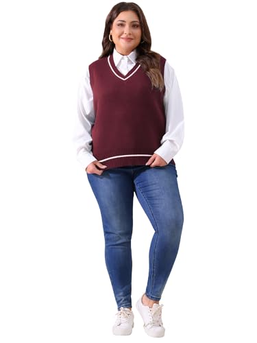 Image of Agnes Orinda Plus Size Sweater Vest for Women V Neck Stripe Cable Knit Sleeveless Pullover Sweater Vest