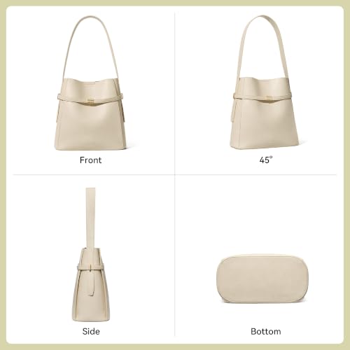 Image of BOSTANTEN Vegan Leather Purses for Women Quiet Luxury Shoulder Bucket Bag | Soft Luxury Tanned Leather, Include Drawstring Pouch, Front Belted Design, Fixed Wide Strap, for Everyday Office Weekend