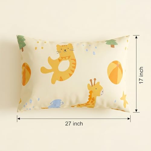 Image of Filymore Kids Double Bed Sheet Set with 2 Pillow Covers - Cute Cartoon Elephant & Lion Print, 240 TC Soft Microfiber Bedsheet for Double Bed, Cream Orange Blue Bedspread, 90x90 Inch