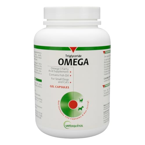 Vetoquinol Triglyceride Omega - Fish Oil for Dogs & Cats - Supports Healthy Skin Coat & Normal Immune Response - Supplement with Vitamin Blend for Heart Eye Bone & Muscle Support - 250 Capsules
