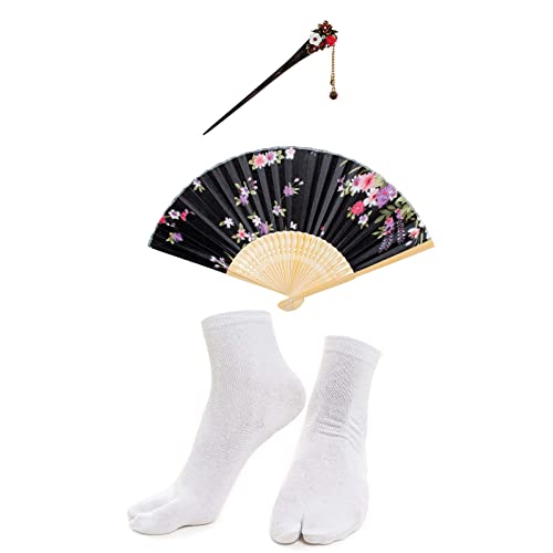 Elibelle Japanese Anime Women's Dance Kimono Robe Fancy Dress Hand Held Silk Folding Fans Tabi Hairstick Socks set
