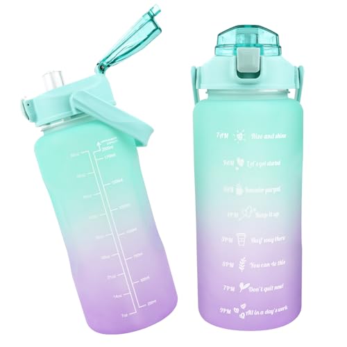 MXTIMWAN Botella de agua sin BPA, 2 litros, motivativa con marcador de tiempo y pajita, a prueba de fugas, deportiva para hacer deporte con gas, fitness