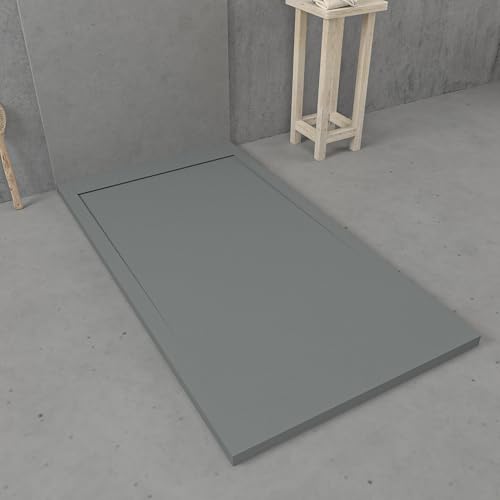 VAROBATH | Plato de Ducha URBANSTONE – Material Resina con Carga Mineral y Textura Pizarra Antideslizante C3 – Incluye Válvula Desagüe y Rejilla (Gris RAL7005, 80x140)