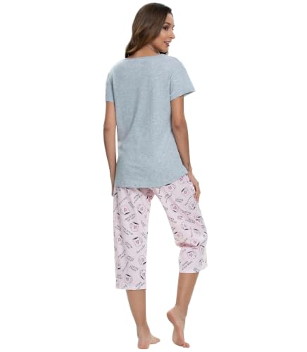 Image of ENJOYNIGHT Womens Pajama Sets Cotton Pj Set Short Sleeve Top With Capri Pants Sleepwear 2 Piece Lounge Set