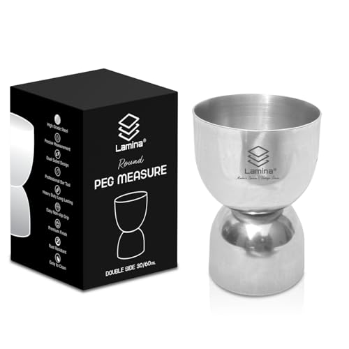 Image of Lamina Set of 2 Stainless Steel Damru Peg Measure (30 /60 ml, Silver) Double-Sided Round Cocktail Jigger for Home, Kitchen, Hotels & Professional Bartenders - Drink Measuring Bar Tool (with Box).